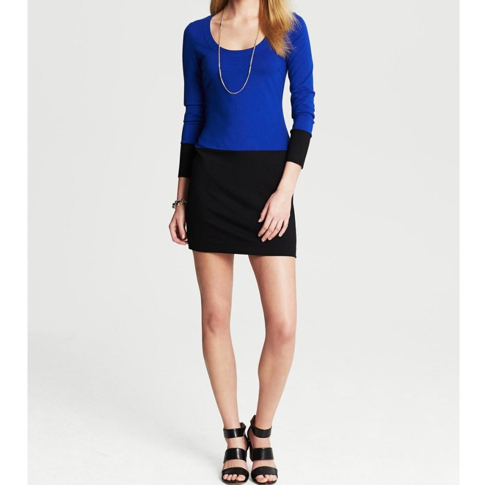 BANANA REPUBLIC Blue & Black Ponte Knit Long Sleeve Sheath Dress NWT Size 8